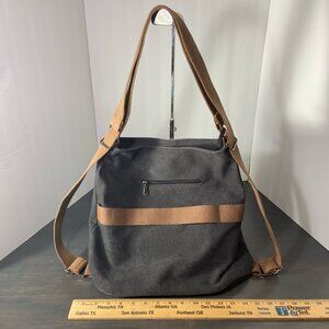 Vintage-Style Canvas Sling Backpack – Charcoal & Brown – Striped Lining